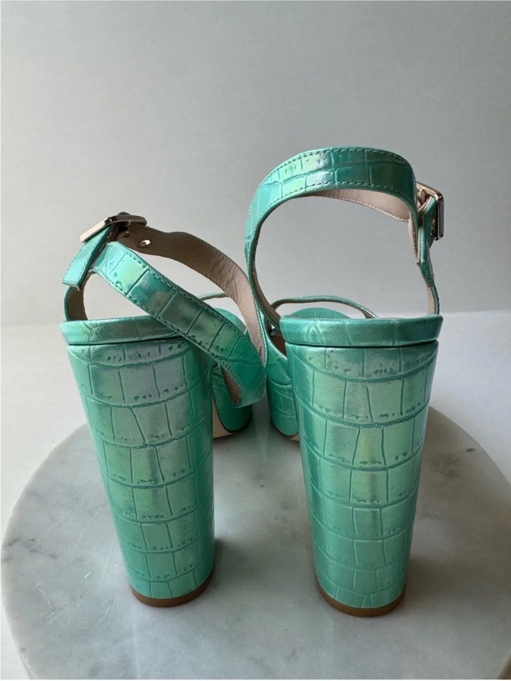 Stuart Weitzman Ryder Aqua Croc-Embossed Platform Sandals